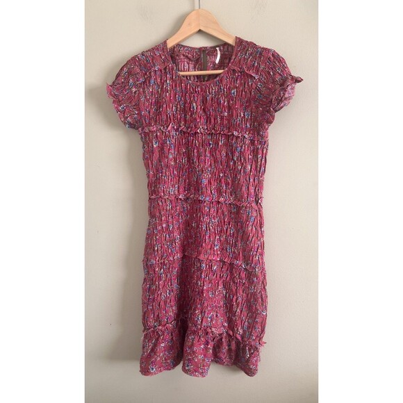 Free People Pink Floral Short Sleeve Smocked Stretch Mini Dress Women's  S/P - Picture 2 of 8